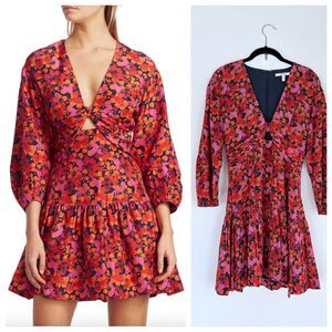 NWOT Derek Lam 10 Crosby Talia Floral Cut Out Dress in Hibiscus Navy Pink Red 0